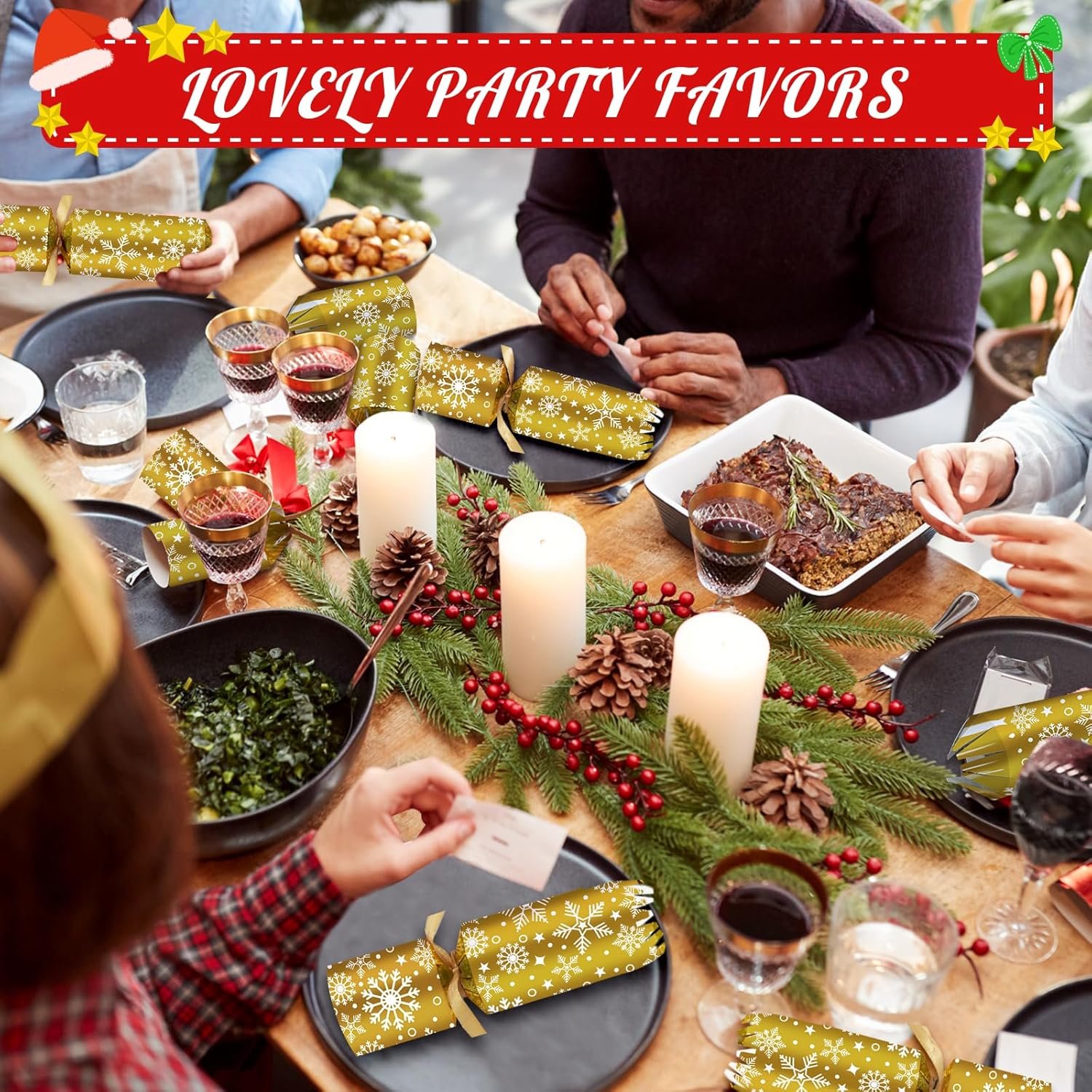 10PACK Christmas Party Favor No-Snap Table Favors with Prize Joke Gifts for Kids Adults Party Supplies Dinner Decorations British English Holiday Games Gold Snowflake Pattern - Image 6