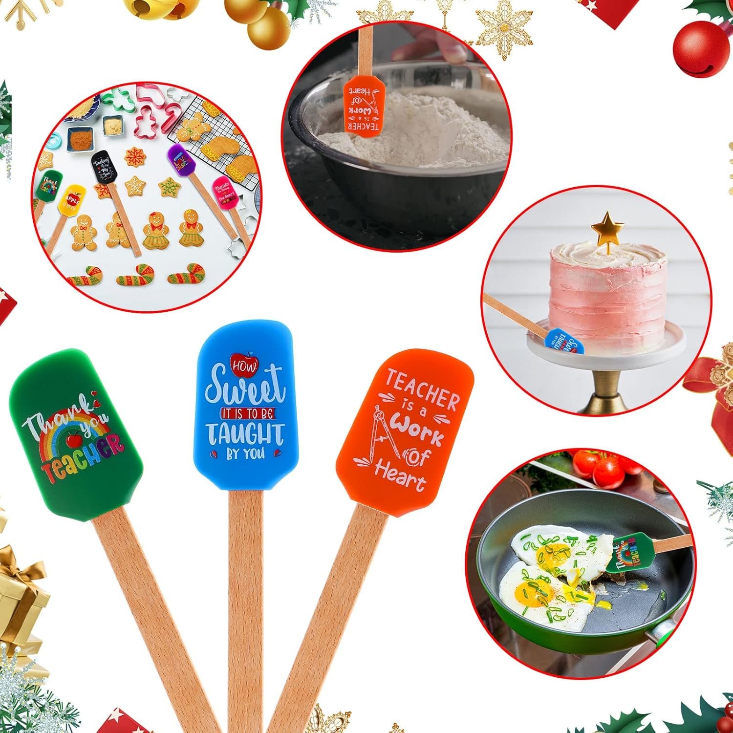 Nuogo 9 Pcs Teacher Appreciation Spatula Thank You Teacher Gifts Funny Silicone Spatulas Bulk Kitchen Spatulas Wooden Handle Spatula for Cooking Baking Thanksgiving Christmas End of Year Gift - Image 7