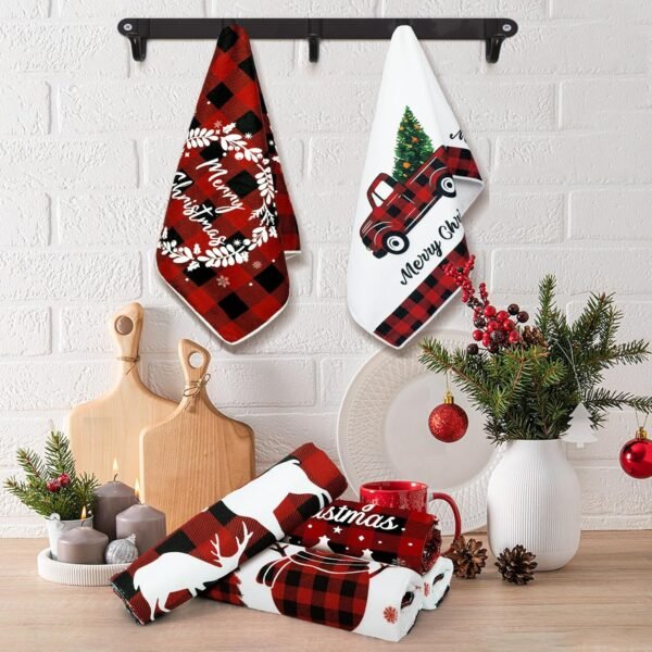 Amandir Set of 6 Red Black Christmas Kitchen Towels Buffalo Plaid 24 x 16 Inch Dish Towels Winter Snowman Truck Tea Towels Christmas Hand Towels for Holiday Xmas Housewarming Gift Farmhouse Home - Image 3