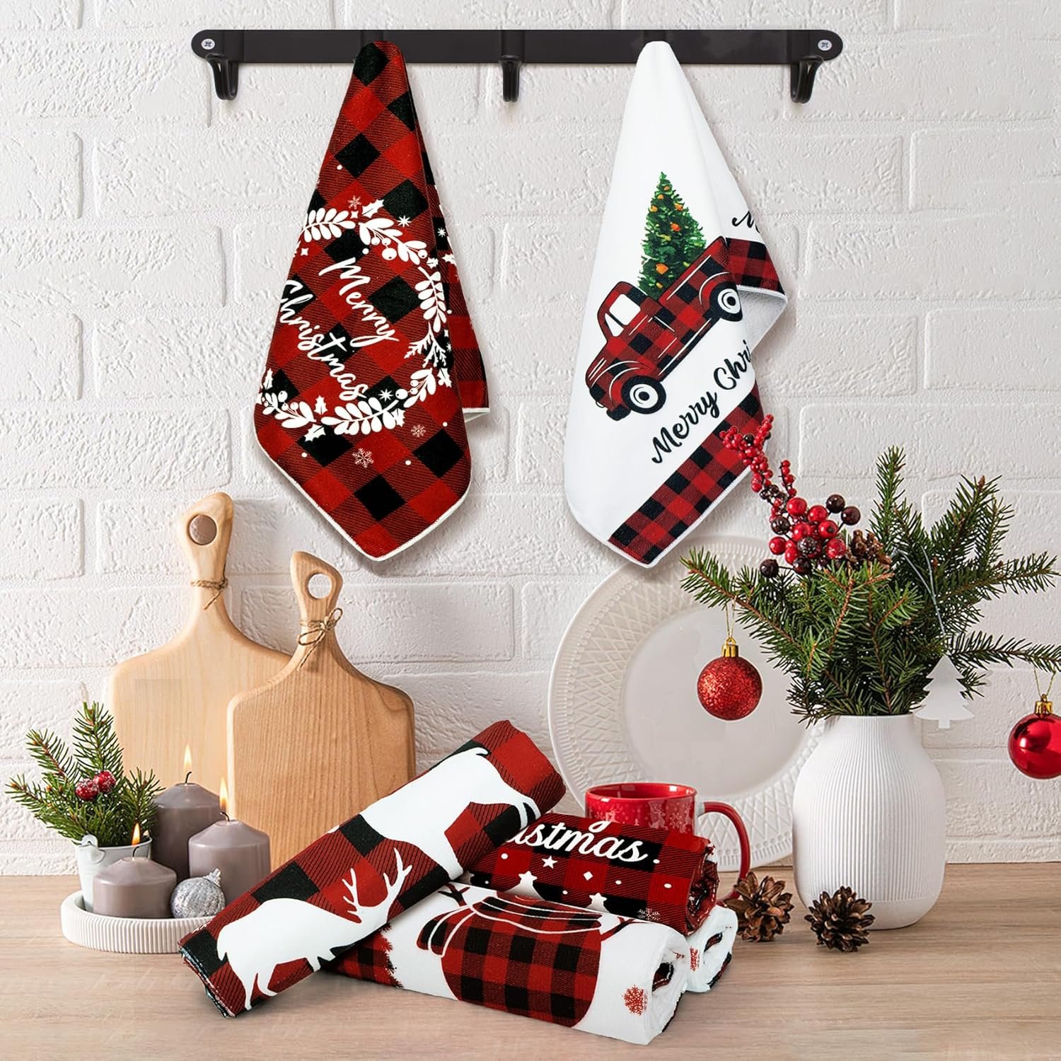 Amandir Set of 6 Red Black Christmas Kitchen Towels Buffalo Plaid 24 x 16 Inch Dish Towels Winter Snowman Truck Tea Towels Christmas Hand Towels for Holiday Xmas Housewarming Gift Farmhouse Home - Image 3