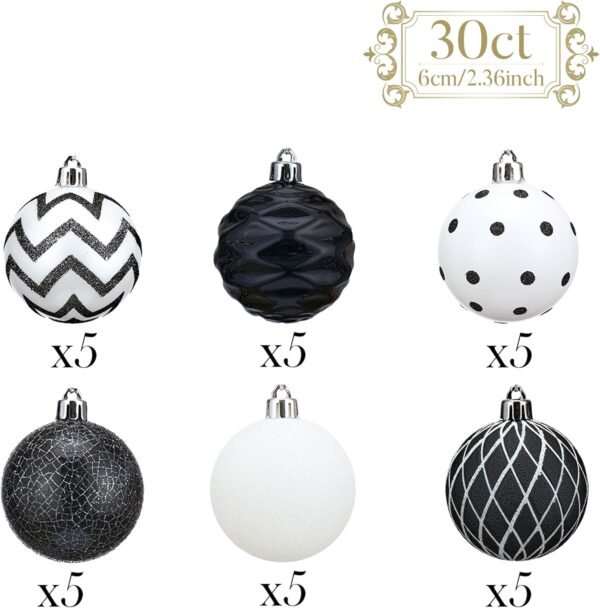 Valery Madelyn Christmas Ornaments Tree Decorations, 30ct Black and White Shatterproof Christmas Ball Ornaments Set, 2.36 Inch Boho Modern Decorative Hanging Ornament Bulk for Xmas Holiday Party Decor - Image 4