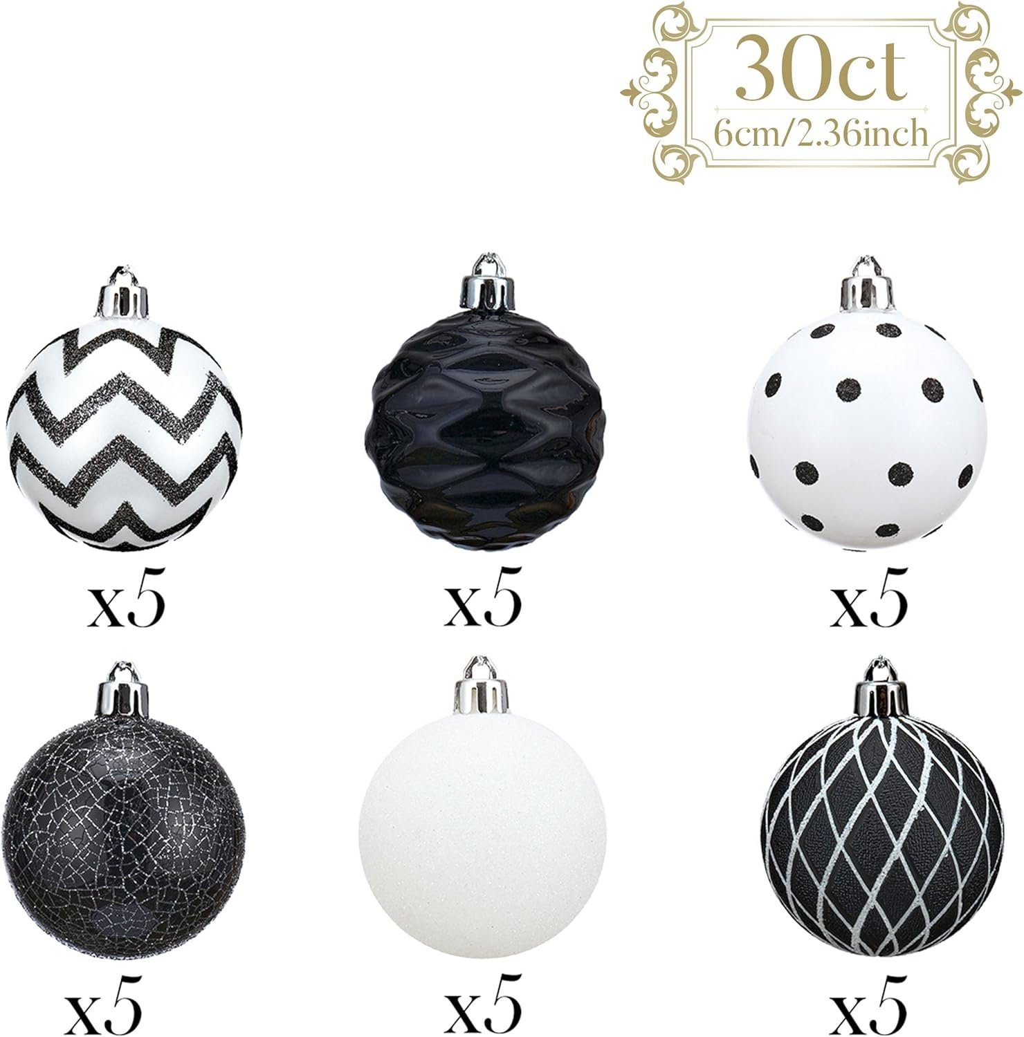 Valery Madelyn Christmas Ornaments Tree Decorations, 30ct Black and White Shatterproof Christmas Ball Ornaments Set, 2.36 Inch Boho Modern Decorative Hanging Ornament Bulk for Xmas Holiday Party Decor - Image 4