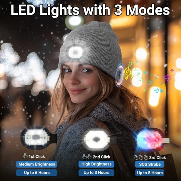 Rotibox Bluetooth Beanie with Light, Unisex USB Rechargeable 4 LED Headlamp Hat with Wireless Headphones - Image 3