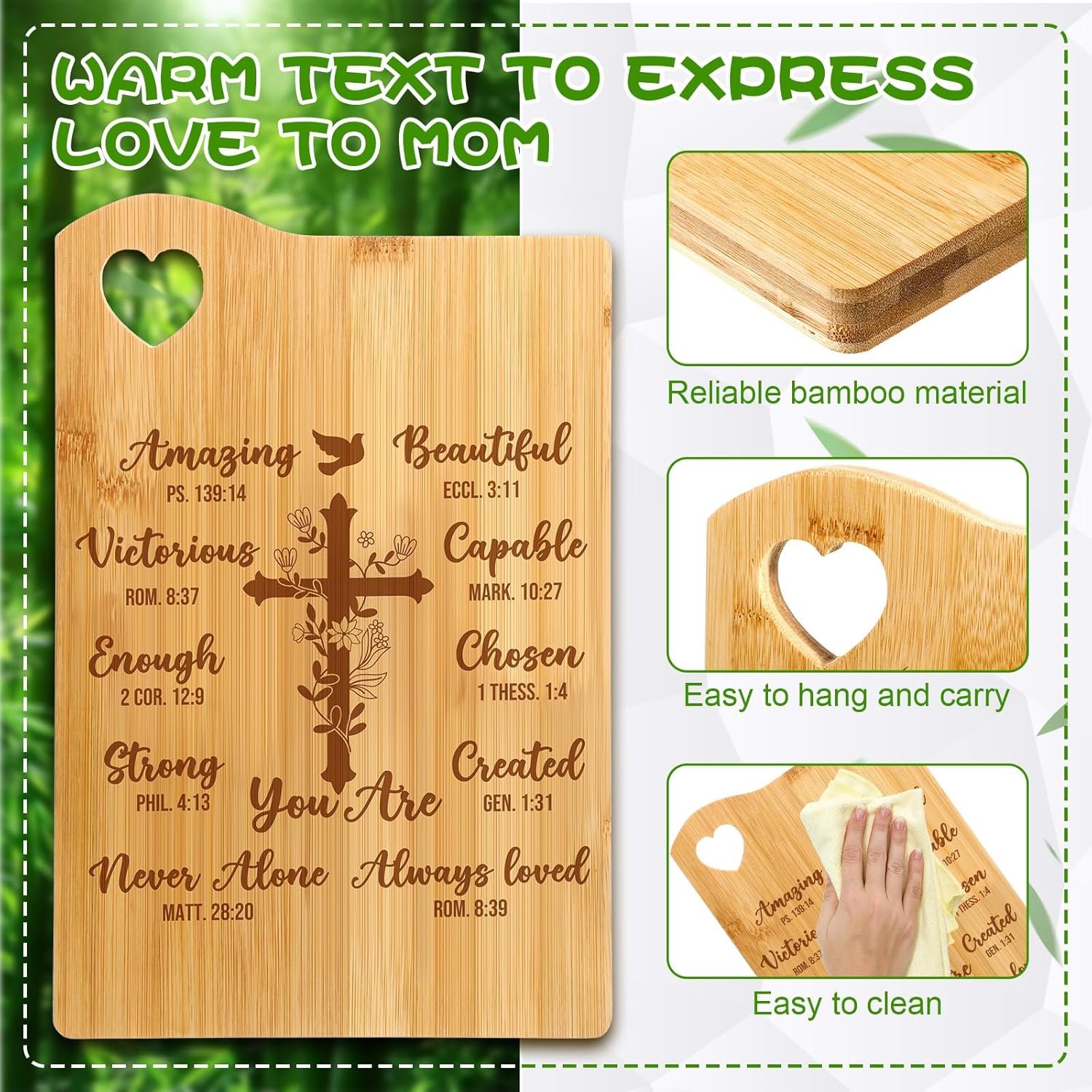4 Pcs Christian Gifts for Women Mom Faith Religious Gifts Bible Verse Inspirational Gifts Bamboo Cutting Board Spatula Spoon Set Catholic Gifts for Christmas Birthday (Always Loved) - Image 4
