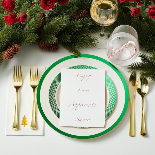 By Madee HEAVYWEIGHT 175 Pc Disposable Christmas Plates and Napkins Set | Ivory Plates Green Trim | Christmas Plates, Holiday Napkins, Silverware | Christmas Disposable Dinnerware (25 Guests) - Image 5