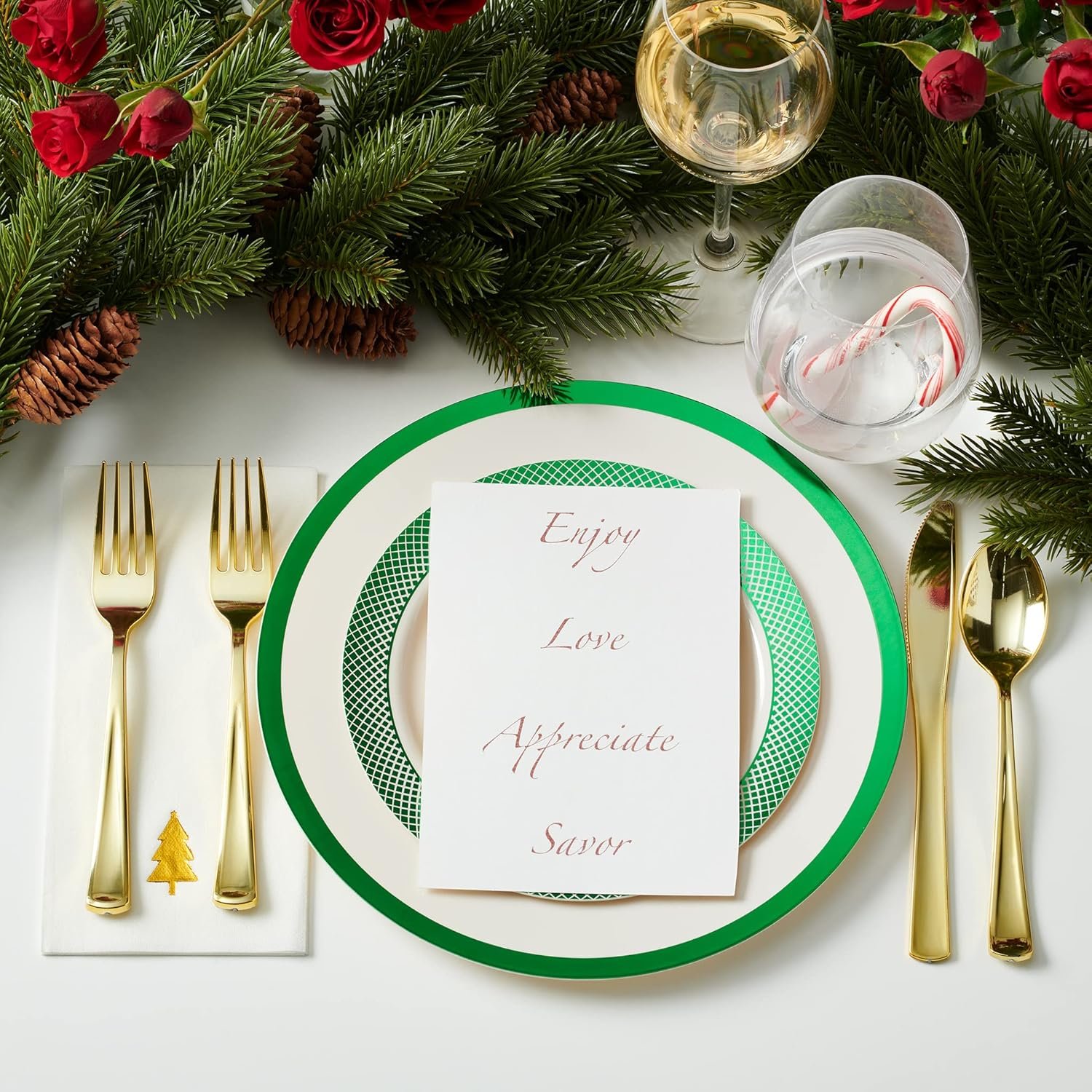 By Madee HEAVYWEIGHT 175 Pc Disposable Christmas Plates and Napkins Set | Ivory Plates Green Trim | Christmas Plates, Holiday Napkins, Silverware | Christmas Disposable Dinnerware (25 Guests) - Image 5