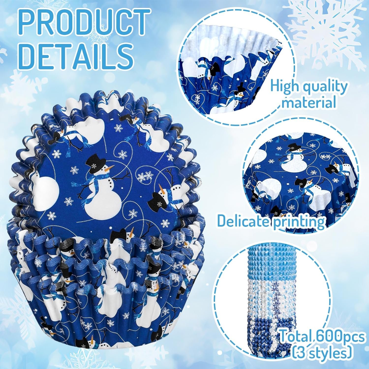 Whaline 600Pcs Christmas Winter Cupcake Liners Snowmen Snowflake Blue White Cupcake Wrappers Baking Cups Holders Xmas Holiday Muffin Liners for Party Supplies Decor - Image 4