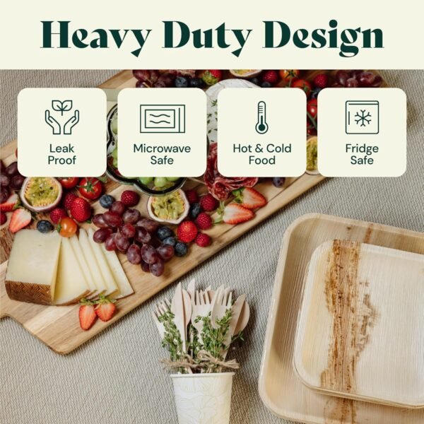 Chic Leaf Party Supplies Tableware 340 Pcs Bulk Pack for 45 Guests - 100% Biodegradable Palm Leaf Disposable Dinnerware Set, Sturdy 10'' & 7'' Plates w/ 10 Oz Cups, Napkins, Forks, Knifes & Spoons - Image 7