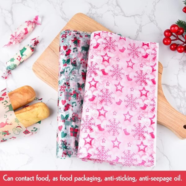 ASTARON 100pcs Christmas Wax Paper Sheets for Food Wrapping, Christmas Tissue Wax Paper for Candy Cookies Sandwich Wrapping Paper Fried Food Basket Liner Greaseproof Paper (Red Green) - Image 4