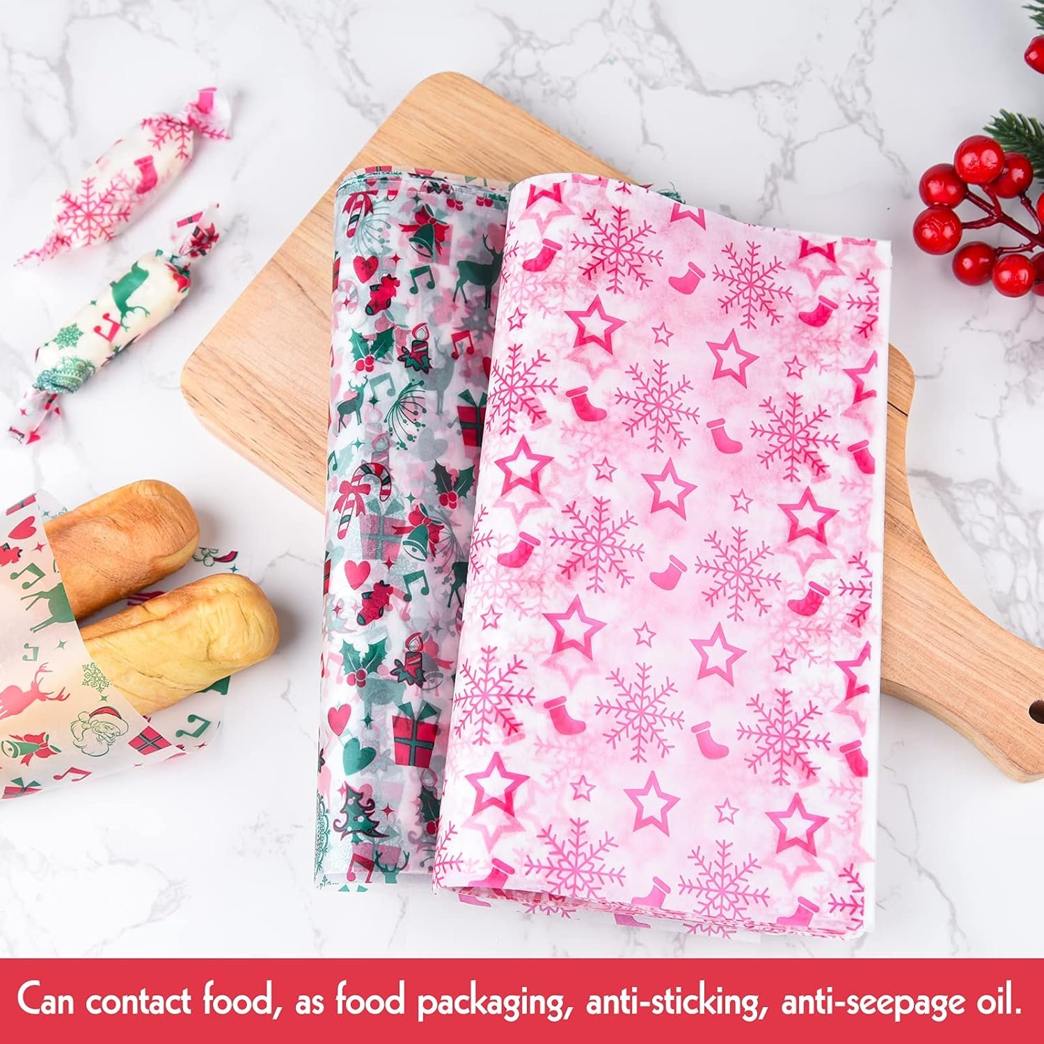 ASTARON 100pcs Christmas Wax Paper Sheets for Food Wrapping, Christmas Tissue Wax Paper for Candy Cookies Sandwich Wrapping Paper Fried Food Basket Liner Greaseproof Paper (Red Green) - Image 4