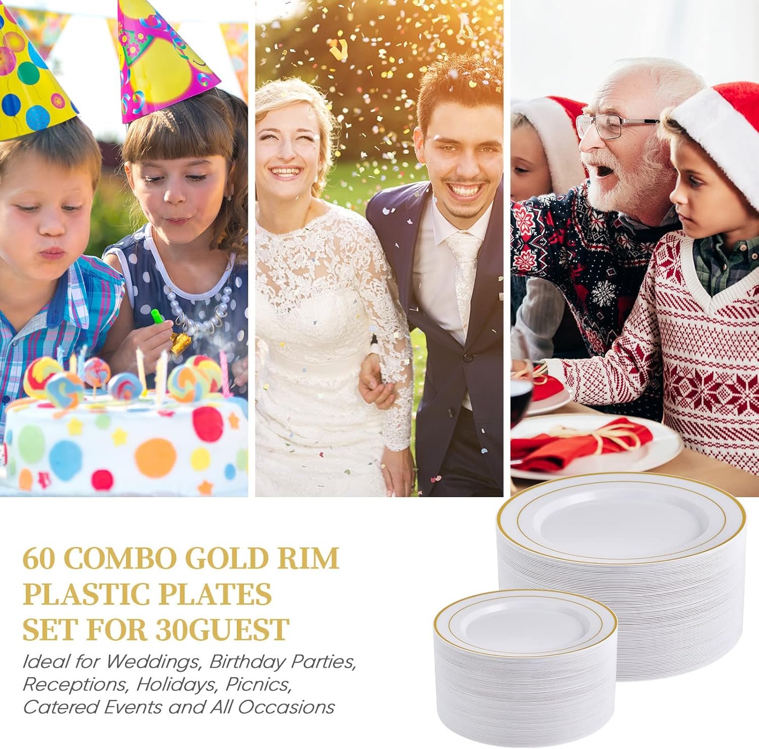 FOCUSLINE Gold Plastic Plates Set of 60, Disposable Plates with Gold Rim 30 Dinner Plates 10" and 30 Salad Dessert Appetizer Plates 7", Elegant Fancy Heavy Duty Wedding Party Plates - Image 7