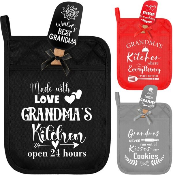Rtteri 6 Pcs Christmas Pot Holders with Silicone Spatulas Grandma Kitchen Gifts Thank You Grandma Kitchen Pot Holders Funny Cookie Baking Tool Xmas Cookie Oven Mitts for Christmas Kitchen Gift - Image 2