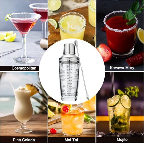 Tiawudi 23oz Glass Cocktail Shaker Set, 4PCS Bartender Kit, Martini Mixer Shaker with Built-in Strainer, Measuring Jigger, Cocktail Muddler & Mixing Spoon, Bar Tool Set for Bartender and Home Use - Image 8