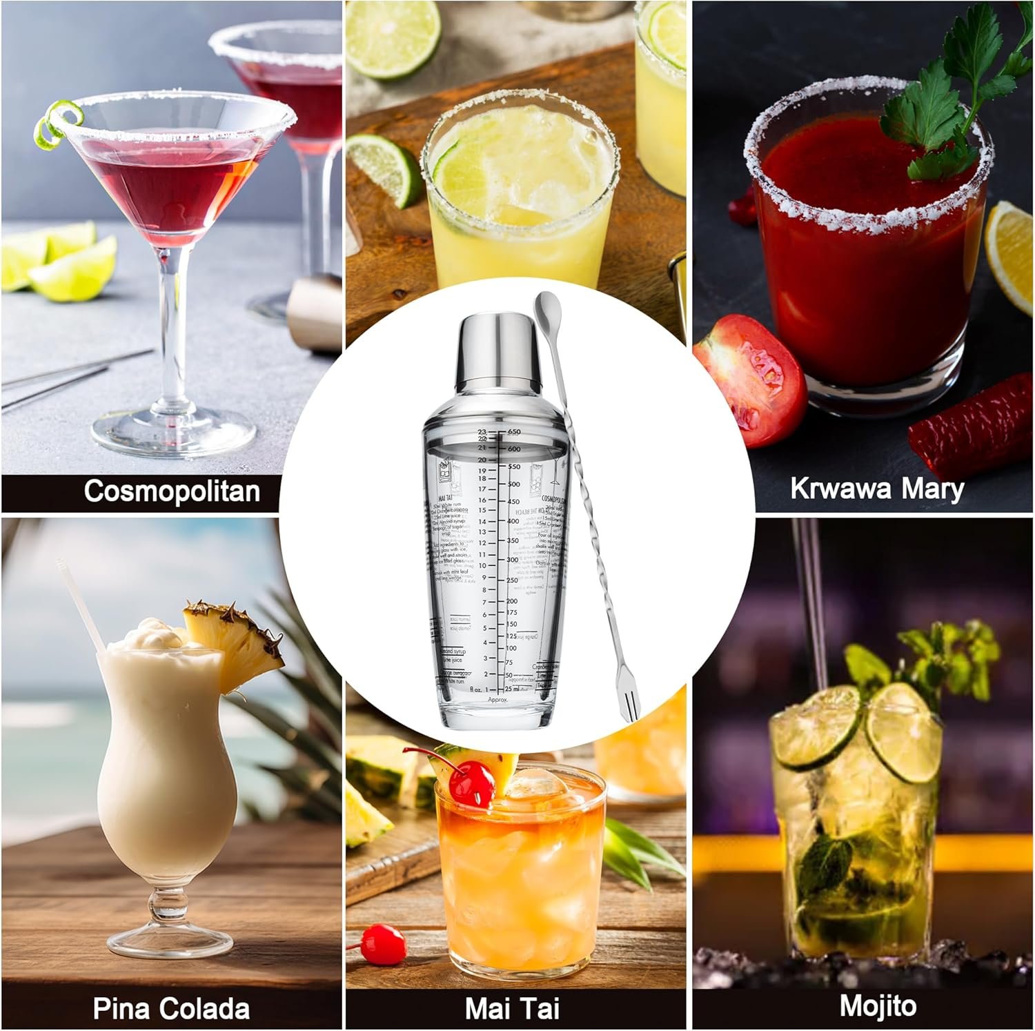 Tiawudi 23oz Glass Cocktail Shaker Set, 4PCS Bartender Kit, Martini Mixer Shaker with Built-in Strainer, Measuring Jigger, Cocktail Muddler & Mixing Spoon, Bar Tool Set for Bartender and Home Use - Image 8