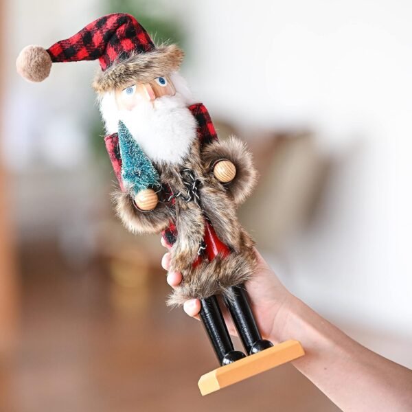 Ornativity Christmas Nostalgic Santa Nutcracker – Red and Black Wooden Nut Cracker Santa Clause Man with Buffalo Brown Fur Plaid Coat Holding a Xmas Tree Themed Holiday Doll Figure Decorations 15" - Image 4