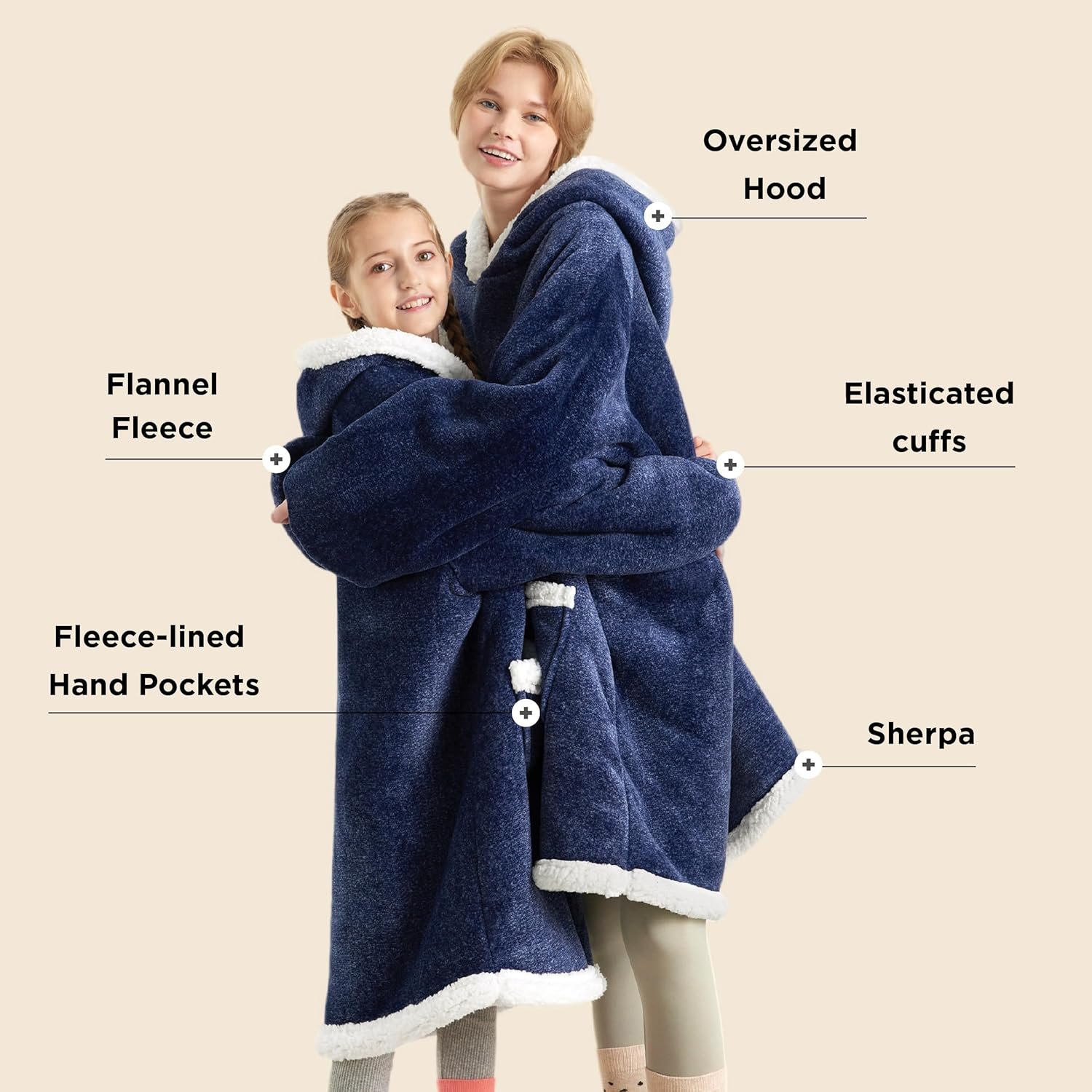 Bedsure Wearable Blanket Hoodie for Adult & Kids - Sherpa Blanket Hoodie as Gifts for Mom Women, Cozy Sweatshirt Blanket, Ocean Blue, Standard - Image 3