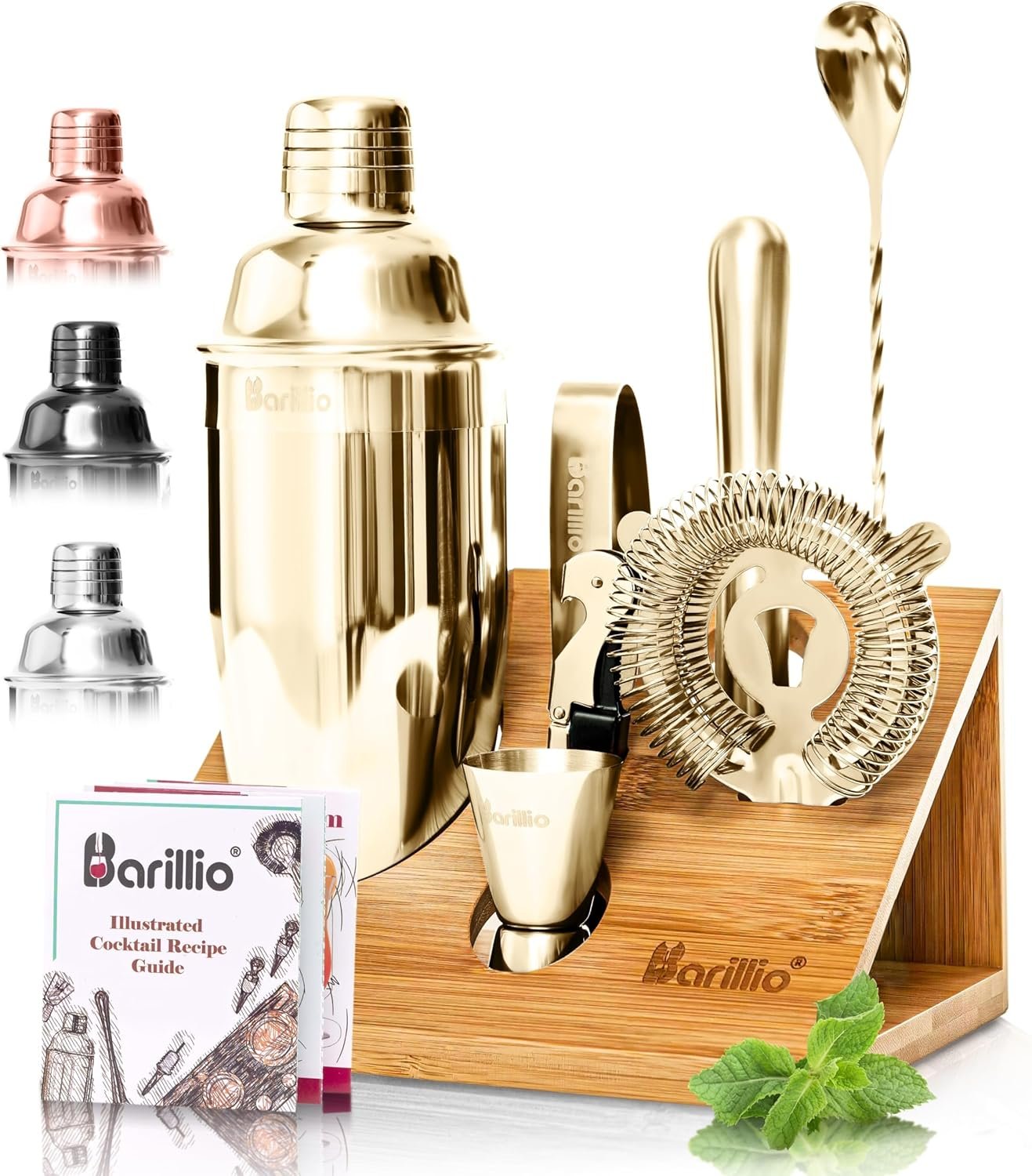 Barillio Gold Bartender Kit - Stainless-Steel Cocktail Shaker Set w/Bamboo Stand - Mixology Bar Tools w/Shaker, Drink Mixer Spoon & Muddler for Cocktails - Home Bar Accessories - 10-Pc Bar Set - Image 2