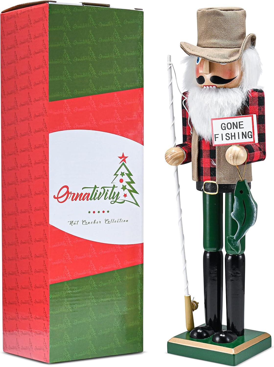 Ornativity Christmas Fisher Man Nutcracker – Red and Green Wooden Fisherman Nutcracker Man with Fishing Rod and Fish in Hand Xmas Themed Holiday Nut Cracker Doll Figure Decorations 15" - Image 5