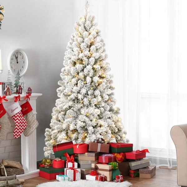 MERITLINE Pre-Lit Artificial Christmas Tree with Lights, 7FT Snow Flocked Design Holiday Decoration Xmas Tree with 1064 Branch Tips, 300 Tungsten Lamp String/Easy Assembly, Metal Stand - Image 2