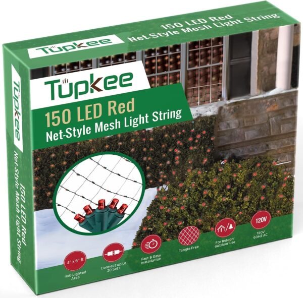 Tupkee Christmas Light Net – 150 LED Red Mesh Lights - 4 ft x 6 ft – Outdoor/Indoor – Net Lights for Bushes, Hedges or Trees - Image 2