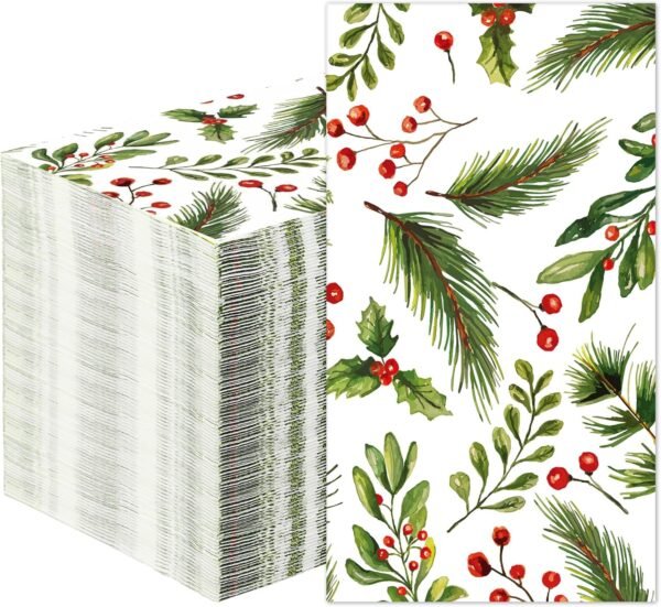 100 PCS Christmas Guest Napkins Berries Pine Paper Napkins 3-Ply Disposable Holly Berries Napkins Xmas Party Greenery Dinner Hand Towels for Winter Holiday Home Kitchen Bathroom Wedding Party Supplies - Image 2