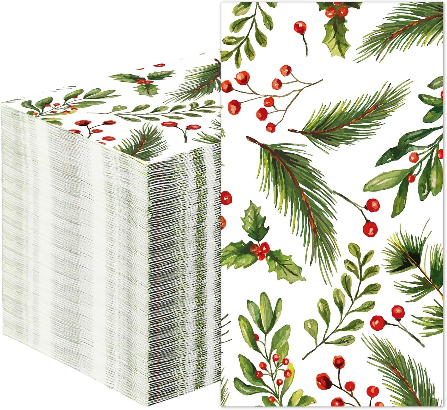 100 PCS Christmas Guest Napkins Berries Pine Paper Napkins 3-Ply Disposable Holly Berries Napkins Xmas Party Greenery Dinner Hand Towels for Winter Holiday Home Kitchen Bathroom Wedding Party Supplies - Image 2