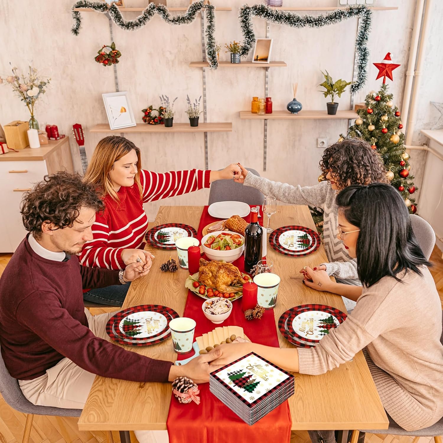 Christmas Paper Plates Napkins Cups Disposable Merry Christmas Party Tableware Supplies Buffalo Plaid Christmas Tree Snowman Paper Dinnerware Set for Holiday Xmas Party Supplies, Serve 25 - Image 7