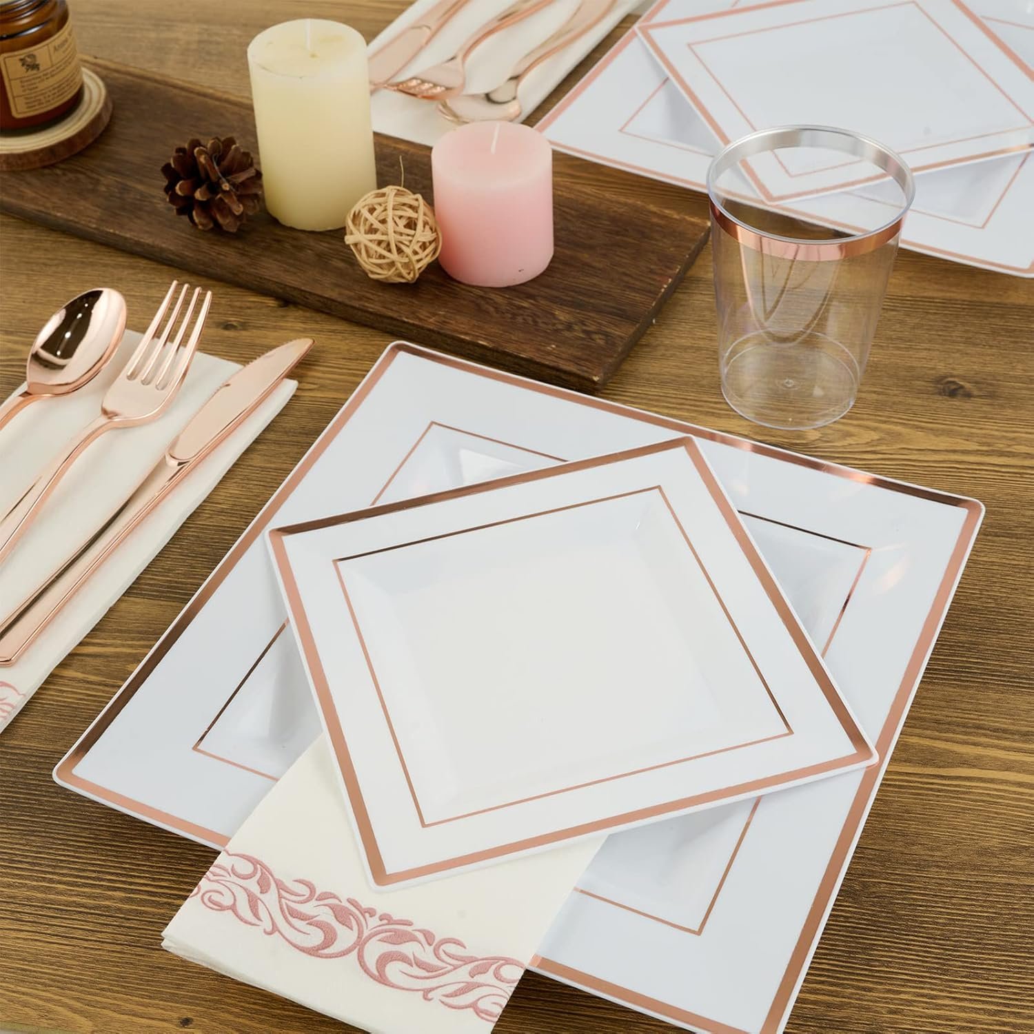 FOCUSLINE 175 Piece Rose Gold Dinnerware Set for 25 Guests- Square Plastic Plates with Rose Gold Rim- Including Disposable 25 Dinner Plates, 25 Dessert Plates, 25 Napkins, 25 Cups, 25 Silverware Set - Image 7