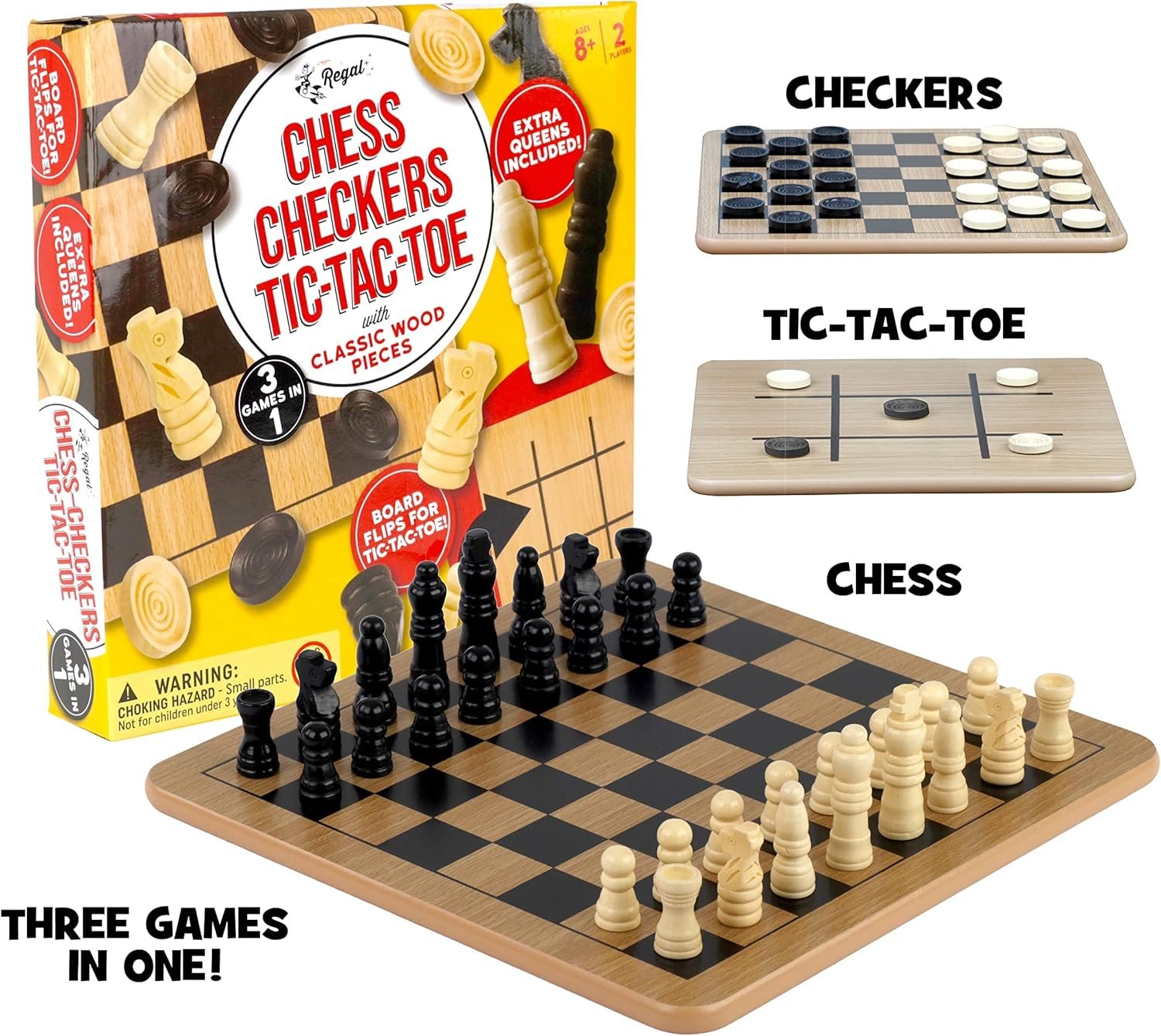 Regal Games - Reversible Wooden Board for Chess, Checkers & Tic-Tac-Toe - 24 Interlocking Wooden Checkers and 32 Standard Chess Pieces - for Age 8 to Adult for Family Fun - Image 4