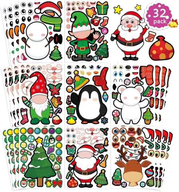 32 Sheets Christmas Party Games Stickers, Make Your Own Christmas Characters Mix and Match Sticker with Christmas Tree Santa Tree Gnome Elf Xmas Holiday Stickers Christmas Party Game Craft Supplies - Image 2