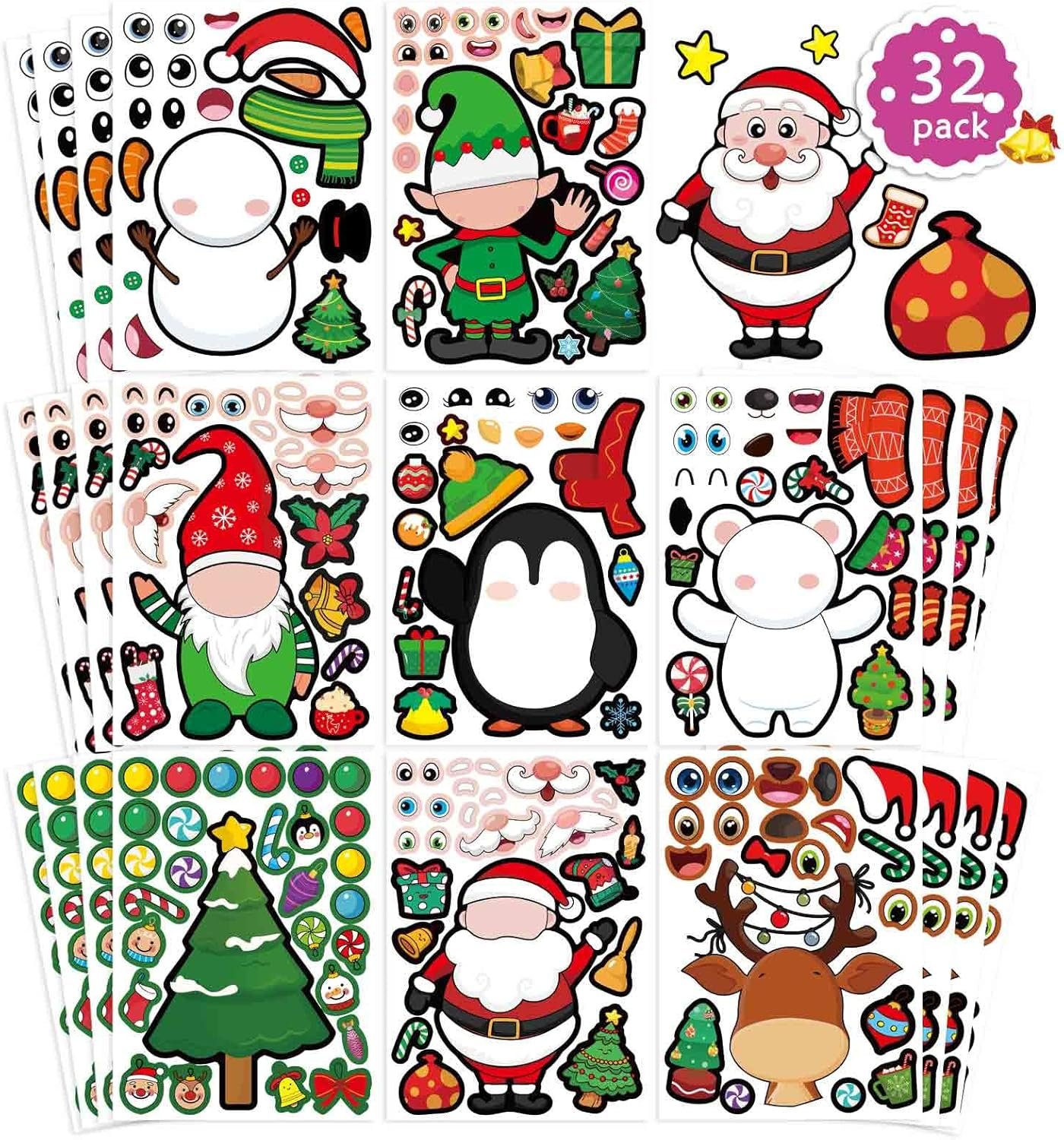 32 Sheets Christmas Party Games Stickers, Make Your Own Christmas Characters Mix and Match Sticker with Christmas Tree Santa Tree Gnome Elf Xmas Holiday Stickers Christmas Party Game Craft Supplies - Image 2