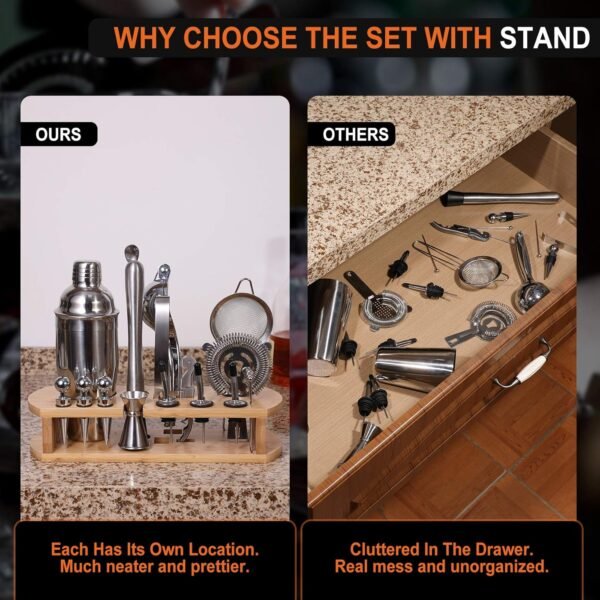 24-Piece Cocktail Shaker Bartender Kit with Stand, 24 oz Martini Shaker, Mixing Spoon, Muddler, Measuring Jigger, Lemon Squeez, Tongs, Corkscrew, Liquor Pourers and More Professional Bar Tools - Image 5
