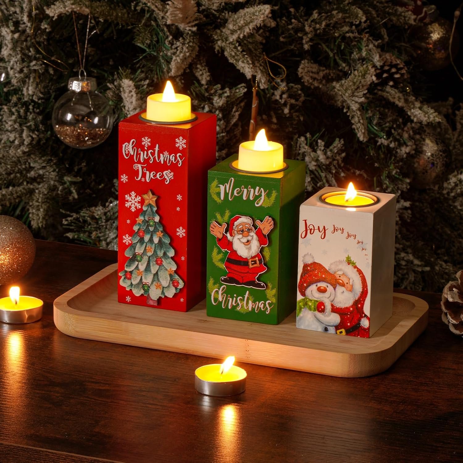 3Pcs Christmas Candle Holders with Battery Operated Tea Lights Candles, Flameless Candles with Wooden Candles Holder, Tealight Candle Holder for Christmas Tabletop Decorations/Gifts - Image 3