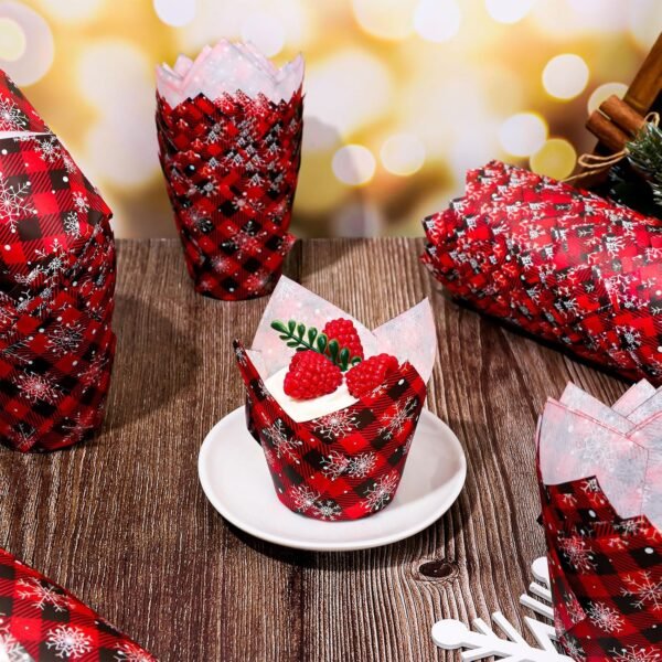 Whaline 200Pcs Christmas Plaid Tulip Cupcake Liners Plaid Snowflake Muffin Tulip Baking Cups Xmas Red Black Tulip Cupcake Wrappers for Holiday Party Supplies - Image 5