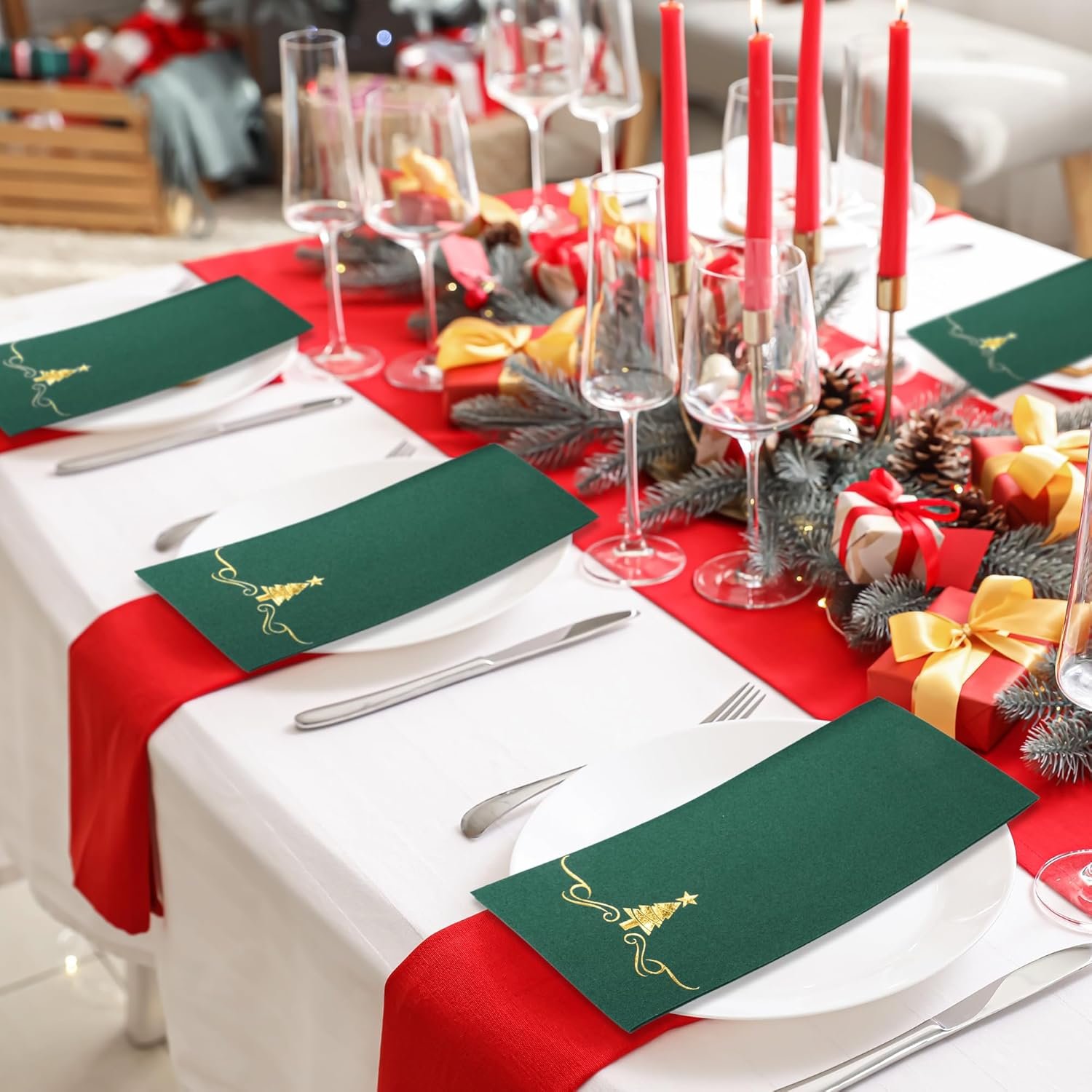 100 Pack Christmas Disposable Guest Napkins 12 x 17 Inch Gold Foil Christmas Trees Napkins Xmas Tree Hand Towels for Bathroom Kitchen Weddings Christmas Holiday Party, Green - Image 7