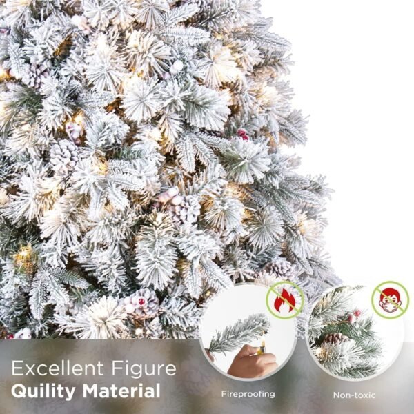 7.5ft Flocked Christmas Tree Prelit, White Christmas Tree with Lights, Pre-Lit 550 Warm Lights with Pine Cones Red Berries Holiday Decor Artificial Trees - Image 6