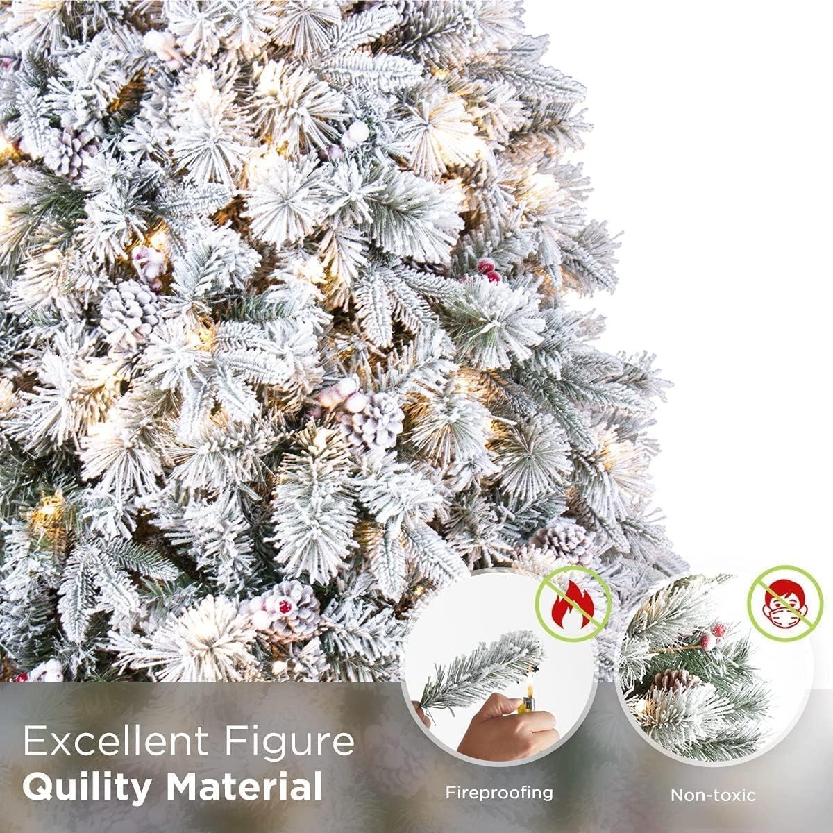 7.5ft Flocked Christmas Tree Prelit, White Christmas Tree with Lights, Pre-Lit 550 Warm Lights with Pine Cones Red Berries Holiday Decor Artificial Trees - Image 6