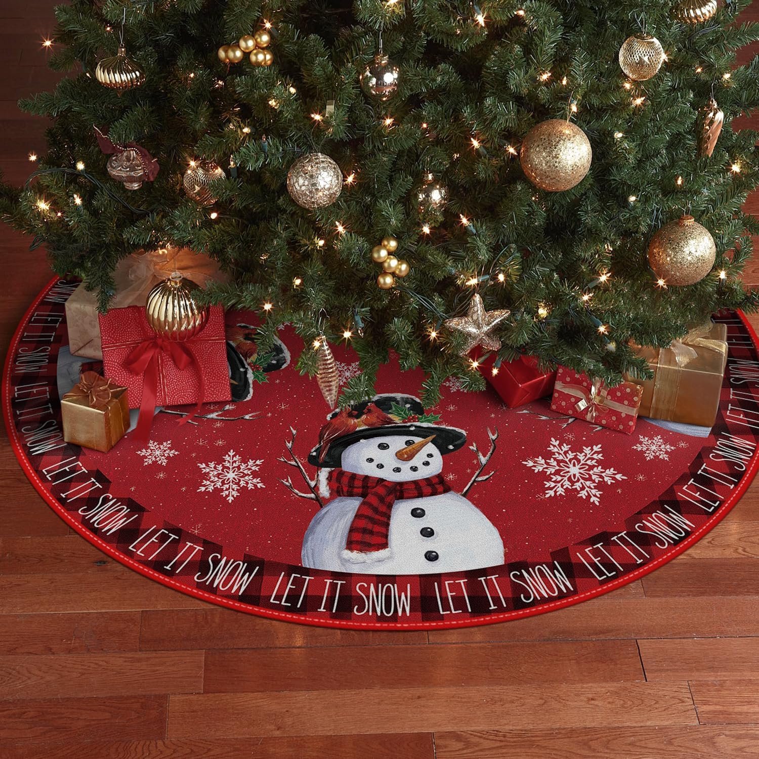 AVOIN colorlife Let It Snow Snowman Christmas Tree Skirt, Xmas Winter Holiday Party Tree Mat Indoor Outdoor Decoration 48 Inch - Image 6
