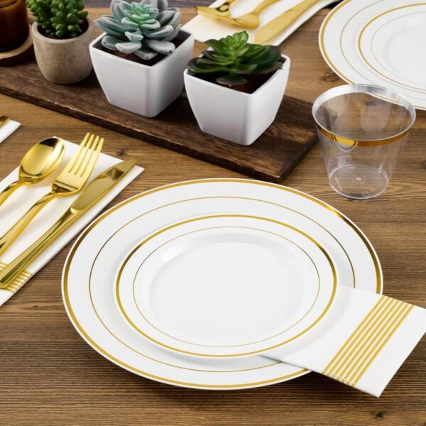 FOCUSLINE Gold Plastic Plates Set of 60, Disposable Plates with Gold Rim 30 Dinner Plates 10" and 30 Salad Dessert Appetizer Plates 7", Elegant Fancy Heavy Duty Wedding Party Plates - Image 4