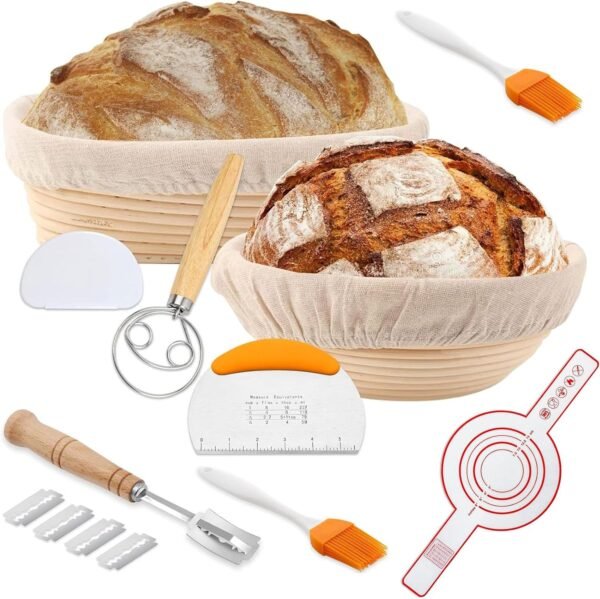 10 Inch Oval & 9Inch Round Banneton Bread Proofing Basket Sets,Sourdough Bread Baking Supplies with Linen Liners,Silicone Bread Sling,Danish Whisk,Scoring Cutter,Dough Scraper - Image 2