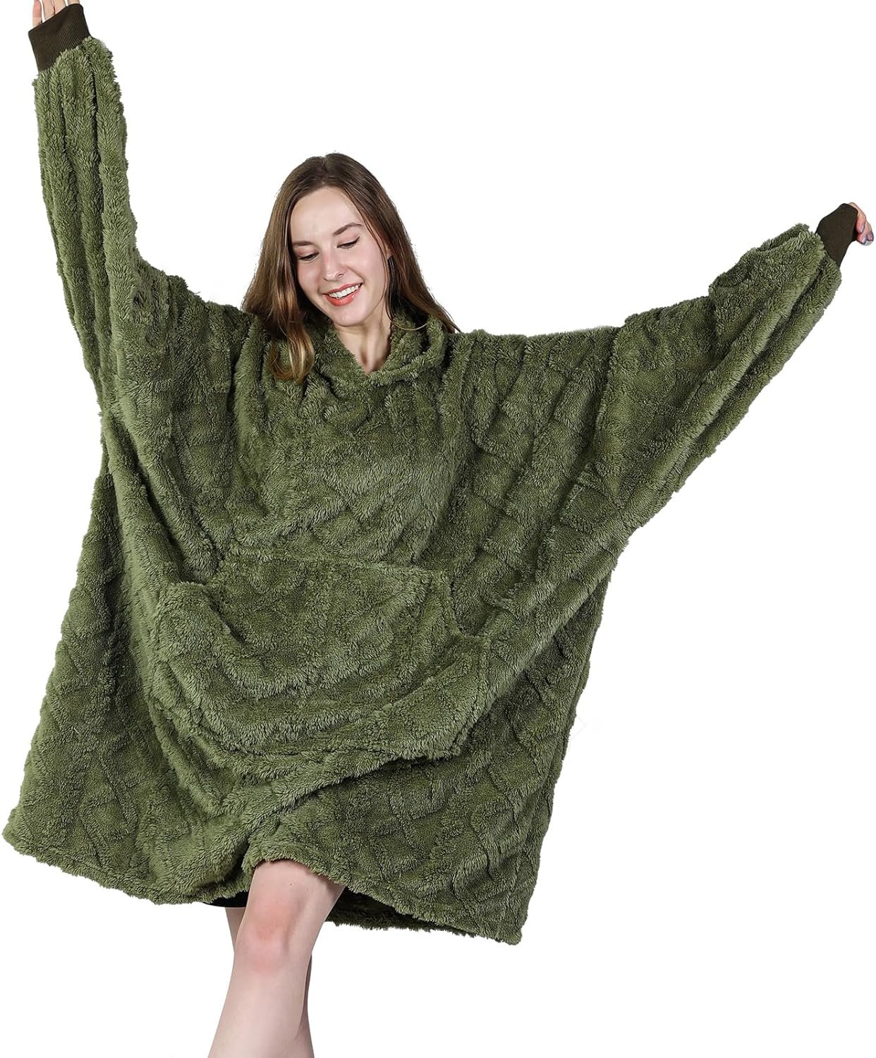 MIZZEO Microfiber Wearable Blanket, Oversized Light Wearable Blanket Hoodie for Adults, Cozy Soft Warm Plush Hooded Blanket Gifts for Women, One Size Fits All (Green) - Image 2