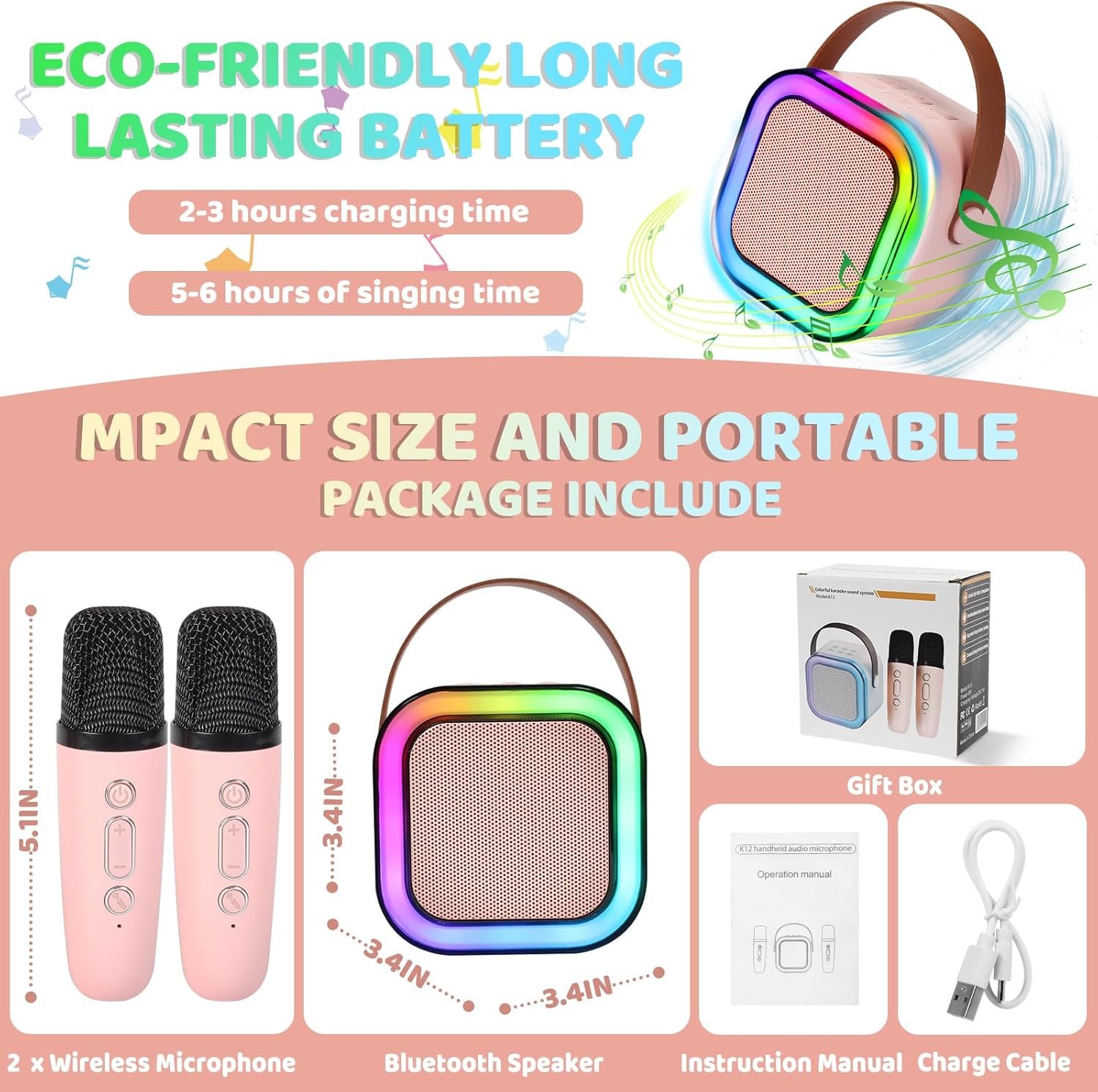 Karaoke Machine for Kids Adults, Karaoke Machine with 2 Wireless Microphone, Portable Bluetooth Karaoke Speaker with Colorful Lights for Girls and Boys 4-10 +Year Old Birthday, (Pink) - Image 3