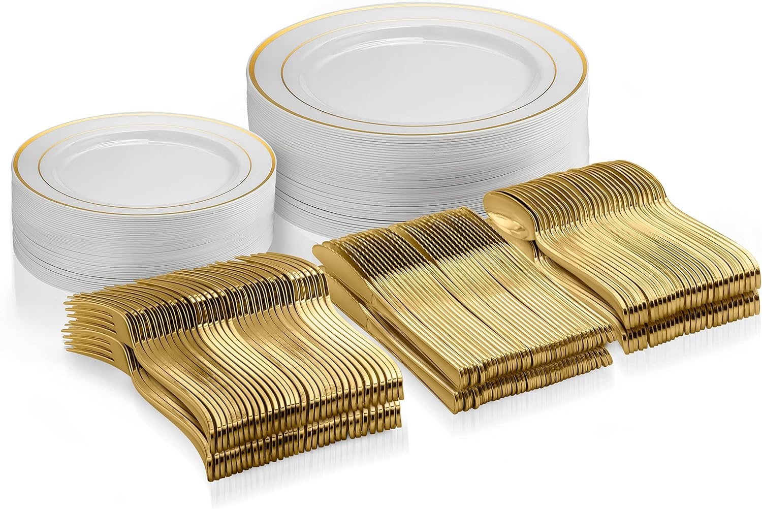 125 Piece Gold Dinnerware Party Set - 50 Gold Rim Plastic Plates, 25 Dinner 25 Dessert Plates, 25 Knives, 25 Forks, 25 Spoons - 25 Guest Disposable Set for Wedding Birthday Parties - Image 2