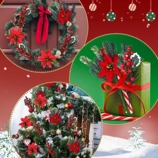 20 Pcs Artificial Christmas Red Flowers Bouquet Floral Pine Cones Holly Berries Stems Floral Picks Branches for Xmas Tree Decoration Vase Crafts Garland Wreath(Red, Green) - Image 4