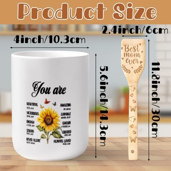 CJiangpo Mom Cooking Utensils Set - Sunflower Ceramic Utensil Holder with 6 Wooden Spoons Spatulas Set, Sunflower Kitchen Decor Cooking Tools Kitchen Gifts for Mom, Christmas Christian Gifts for Women - Image 3
