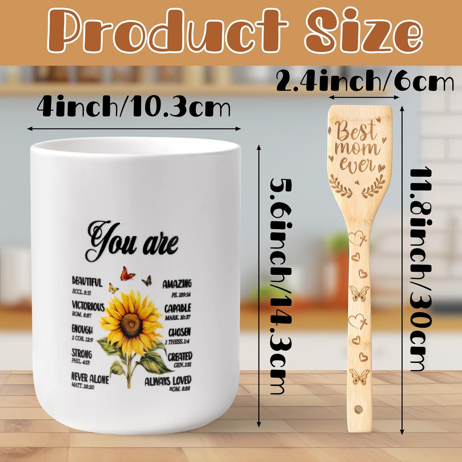CJiangpo Mom Cooking Utensils Set - Sunflower Ceramic Utensil Holder with 6 Wooden Spoons Spatulas Set, Sunflower Kitchen Decor Cooking Tools Kitchen Gifts for Mom, Christmas Christian Gifts for Women - Image 3