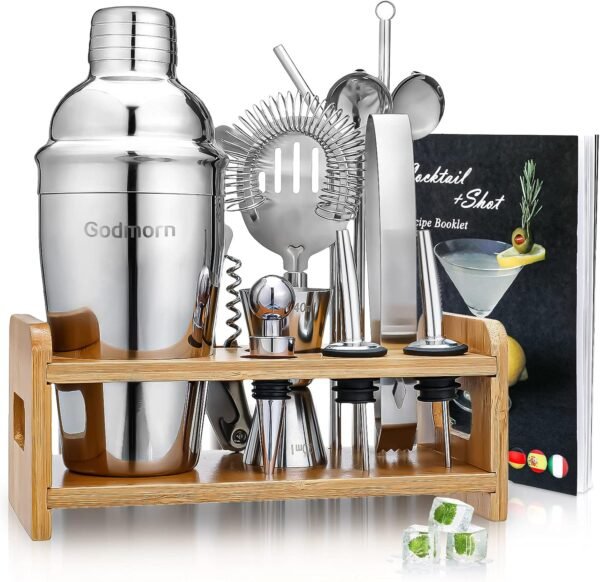 Cocktail Shaker Set Bartender Kit, Godmorn 15Pcs Bartender Shaker Set, 304 Stainless Steel Martini Shaker and Strainer, 550ml /19OZ Bar Tool Set with Bamboo Stand, Recipe Book, for Home and Bar - Image 10