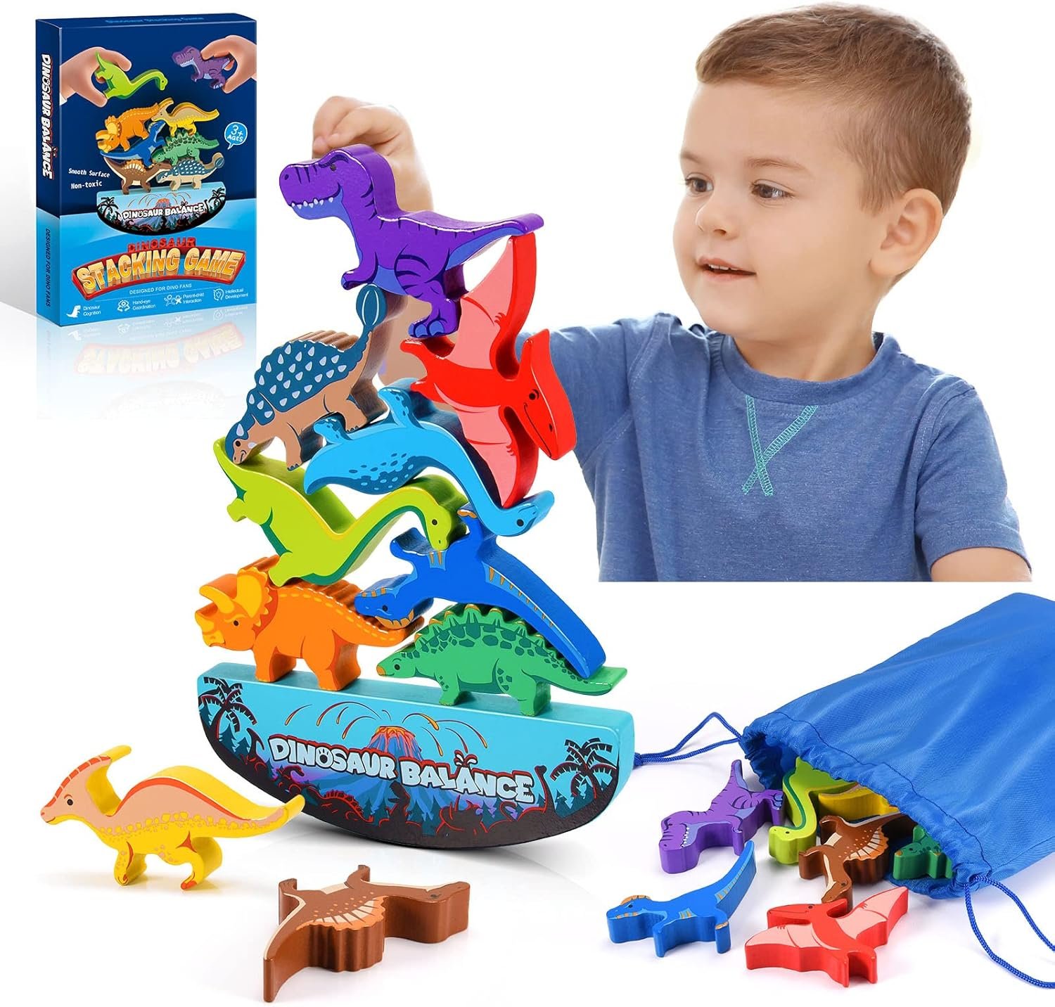 Dinosaur Toys for Kids 3-5: Wooden Stacking Montessori Toys for 3 4 5 6 7 8 Year Old Boys Girls Balance Competition Game for Family Christmas Birthday Gifts for Kids Ages 4-8 (Classic Version) - Image 2