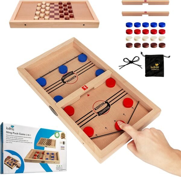 Fast Sling Puck Game Toy,2-in-1 Board Game: Includes Checkers & Chess. Solid Wood Winner Slingshot. Foosball and Air Hockey or Birthday Party Present for Kids & Adults - Image 2