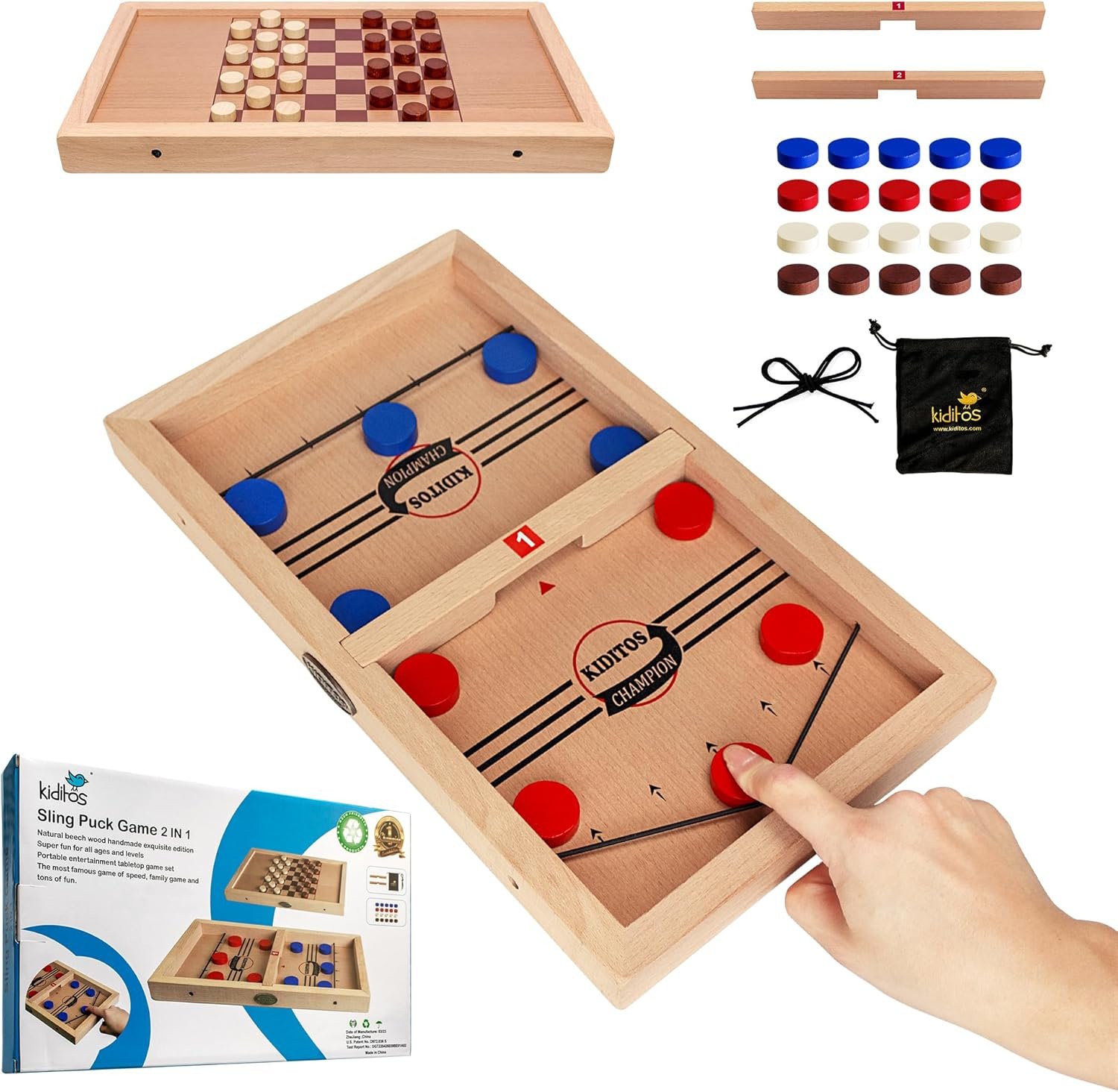 Fast Sling Puck Game Toy,2-in-1 Board Game: Includes Checkers & Chess. Solid Wood Winner Slingshot. Foosball and Air Hockey or Birthday Party Present for Kids & Adults - Image 2